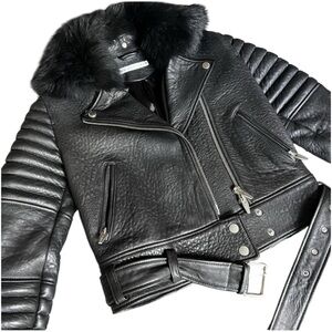 THE ARRIVALS Rainier Pebbled
Lamb Leather Jacket w/ Removable Fur Collar, XS